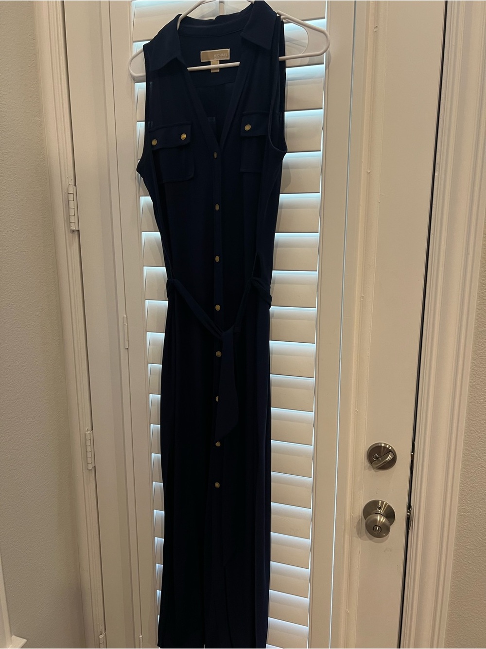 Michael Kors Navy Sleeveless Shirt Maxi Dress with Gold Buttons